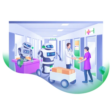 A modern hospital interior with sleek, bright walls and large windows. In the center, a robot with a white and blue design is assisting a doctor by providing medical supplies. The robot has articulated arms and a touchscreen interface. Nearby, another robot is seen navigating the hallway, carrying a cart filled with supplies. Doctors and nurses in scrubs are engaging with the robots, showcasing a collaborative environment. The atmosphere is busy yet organized, with medical equipment and patient rooms visible in the background.