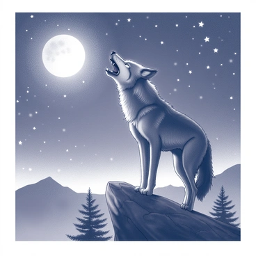 A wolf standing on a rocky outcrop. The wolf has a thick fur coat, with prominent features such as sharp ears and a strong stance. Its mouth is open, emitting a howl that resonates through the still night air. Above, a full moon shines brightly, casting light on the wolf and the surrounding landscape. The sky is filled with numerous stars, twinkling against the darkness, creating a vivid backdrop for the scene. The landscape around the wolf includes scattered trees and a distant mountain range, adding depth to the setting.