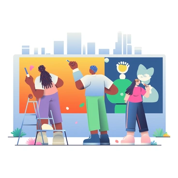 A group of three artists is painting a large mural on a city wall. The first artist, a woman with dark skin and braided hair, is applying bright orange paint to the mural. The second artist, a man with light skin and short, curly hair, is using a brush to add details in deep blue and green. The third artist, a woman with medium skin and long, straight black hair, is painting with vibrant pink colors. The mural depicts various symbols representing a cultural revolution, including raised fists and doves. Colorful paint splatters dot the ground around them, and scaffolding is set up near the wall to support their efforts. The city skyline can be seen in the background, adding context to the scene.