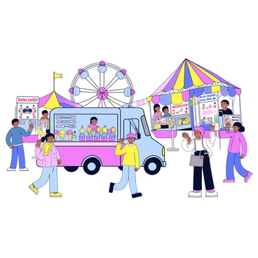 An ice cream truck with bright pastel colors is parked at a carnival. The truck has a large serving window showcasing an assortment of colorful ice cream cones and popsicles. Nearby, there are several rides, including a Ferris wheel and a carousel, with children enjoying the attractions. Food stalls are positioned around the truck, featuring banners for cotton candy, hot dogs, and popcorn. Colorful decorations and people strolling around add to the lively atmosphere.
