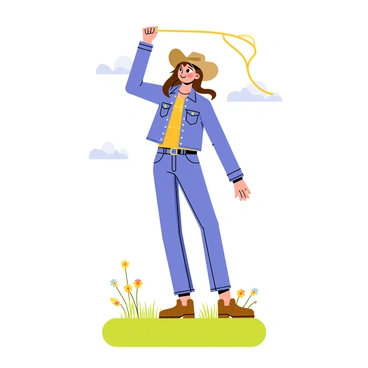 A cowgirl wearing a brown cowboy hat and a denim jacket is expertly twirling a lasso above her head. She has long brown hair flowing in the wind. The cowgirl stands confidently in an open field filled with green grass and a few wildflowers scattered around. In the background, there are distant mountains under a clear blue sky. A few fluffy white clouds float lazily above, completing the scene.