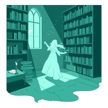 A teal spooky library is filled with dusty tomes stacked high on dark wooden shelves. The air is thick with dust particles that catch the light streaming through an arched window. In the center of the room, a ghostly librarian with an ethereal white gown is floating gracefully between the shelves, her translucent figure barely touching the ground. She has long, flowing hair and her hands are gently reaching out towards a stack of books. Shadows dance along the walls, adding to the eerie atmosphere. A single flickering candle sits on a nearby table, casting soft light that illuminates the librarian's figure and highlights the spines of the ancient tomes.