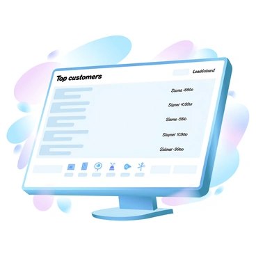 A digital leaderboard is prominently displayed on a sleek screen in a retail environment. The leaderboard features a list of "top customers" with their names and points, all in a clean, modern font. The screen has a gradient of pastel colors, blending soft shades that create a visually appealing backdrop. Below the leaderboard, a row of small icons represents rewards available in the loyalty program. The surrounding area is filled with products from the store, subtly hinting at the merchandise available to customers.