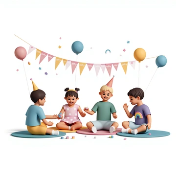A group of four toddlers, two boys and two girls, are celebrating a potty party. One boy is wearing a blue t-shirt and yellow shorts, while the other boy is dressed in a green shirt and red shorts. The first girl is in a pink dress with white polka dots, and the second girl wears a purple shirt with a rainbow design and denim shorts. They are sitting on colorful mats, surrounded by "happy potty party" banners and bright, floating balloons in various colors like red, blue, and yellow. Each toddler has a party hat on their head, and they are smiling and laughing while playing with small toys and colorful decorations scattered around them.