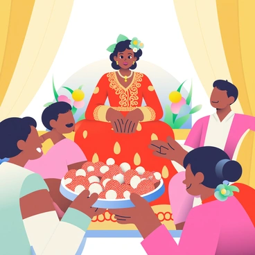 A bride with medium skin is seated in a beautifully decorated indoor space, surrounded by colorful flowers and traditional decor. She is wearing a vibrant red and gold lehenga adorned with intricate embroidery. Her hair is styled in an elegant updo, embellished with fresh jasmine flowers. In front of her, family members are holding a tray filled with red and white bangles, which are intricately designed with sparkling stones. The atmosphere is filled with joy, and the bride looks excited as she reaches out to receive the bangles. The background features soft drapery in shades of gold and cream, creating a festive and celebratory mood.