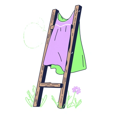 A chemise is draped gracefully over a rustic wooden ladder. The chemise features soft folds and delicate fabric textures. The ladder is made of weathered wood, showcasing a rich grain and rough edges. Sunlight streams in from the side, casting gentle shadows across the ladder and the chemise. A few small wildflowers are scattered near the base of the ladder, adding a natural touch to the composition.