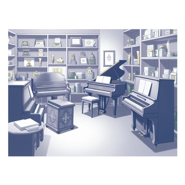 An antique shop filled with vintage pianos and various other musical instruments. The interior has wooden shelves lined with brass horns, string instruments, and decorative music boxes. Several grand pianos are placed throughout the shop, their polished surfaces reflecting the light. A small, ornate upright piano stands in the corner, adorned with intricate carvings. Stacks of sheet music can be seen scattered on tables. The shop is warmly lit, creating a cozy atmosphere that invites exploration.