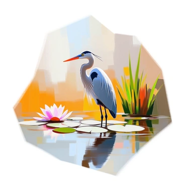 A heron with long, slender legs is standing still in a tranquil wetland area. Its feathers are predominantly gray with hints of white and black, and it has a long, sharp beak. The heron is poised gracefully, with its neck extended, gazing intently at the water below. The wetland is dotted with patches of green reeds and lily pads, reflecting the calmness of the scene. Soft ripples on the water surface catch the light, enhancing the serene atmosphere of the environment.