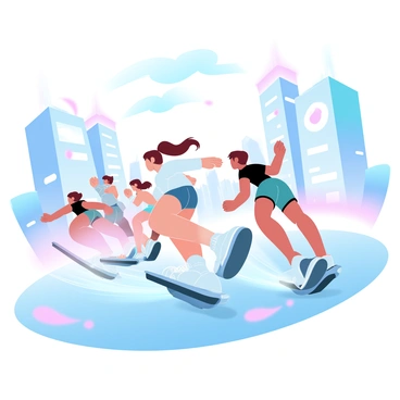 A group of anime characters is racing on sleek, futuristic hoverboards. The characters, with distinct hairstyles and colorful outfits, are in dynamic poses as they maneuver through a vibrant, neon-lit city. Tall skyscrapers with glowing signs and holograms surround them, casting colorful reflections on the smooth street below. A trail of bright light follows each hoverboard as they speed past, highlighting their fast movement. The atmosphere is filled with a sense of excitement and competition.