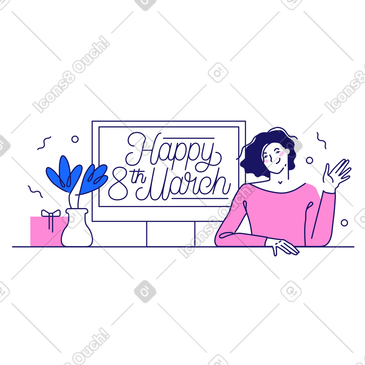 下载 Matey 风格的 用文字写着“3月8日快乐”，旁边画着挥手的女人和礼物。 插画，支持 PNG、SVG 格式