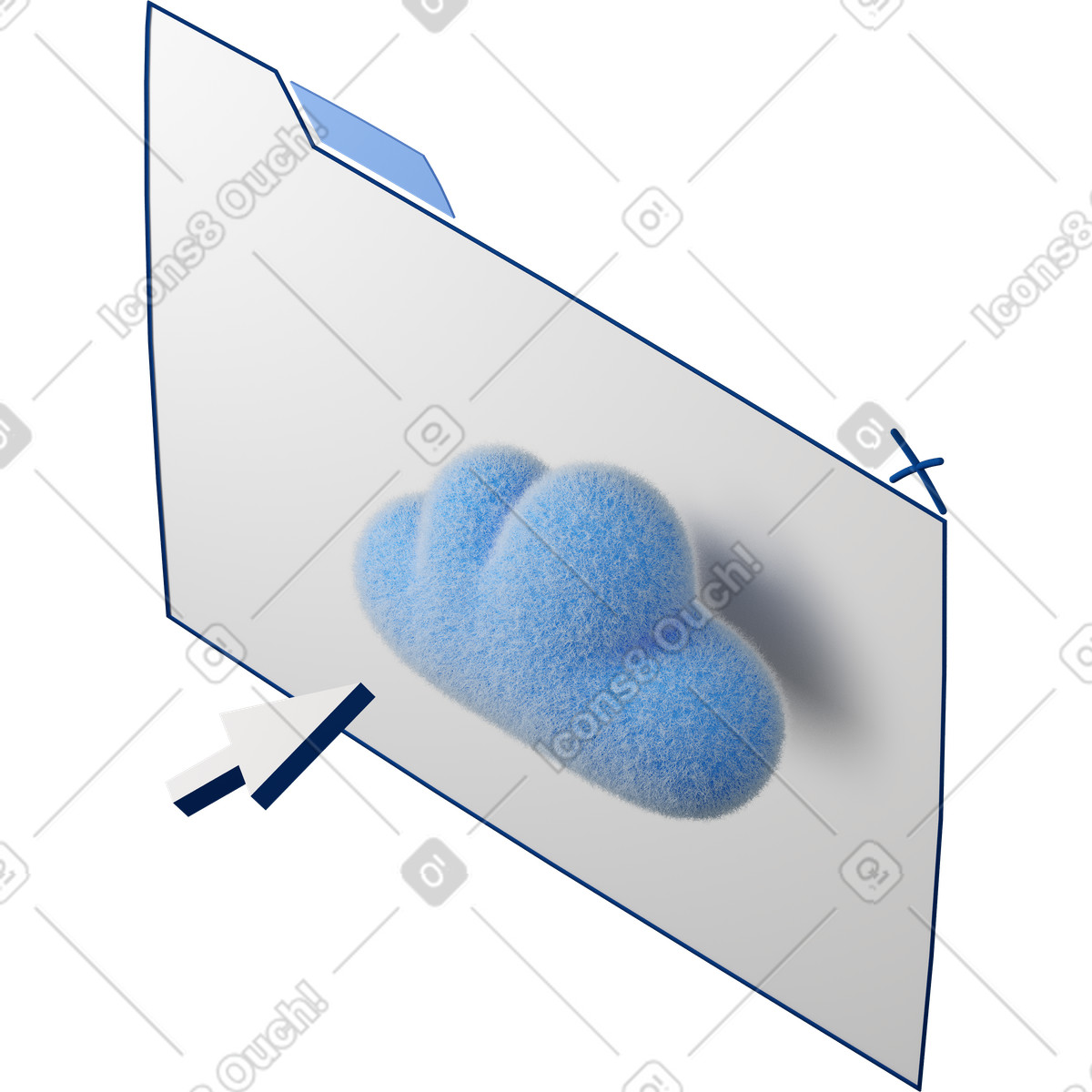 Dreiviertelansicht einer webseite mit cloud-software-Illustration im 3D Buddy-Stil als Download in PNG, SVG