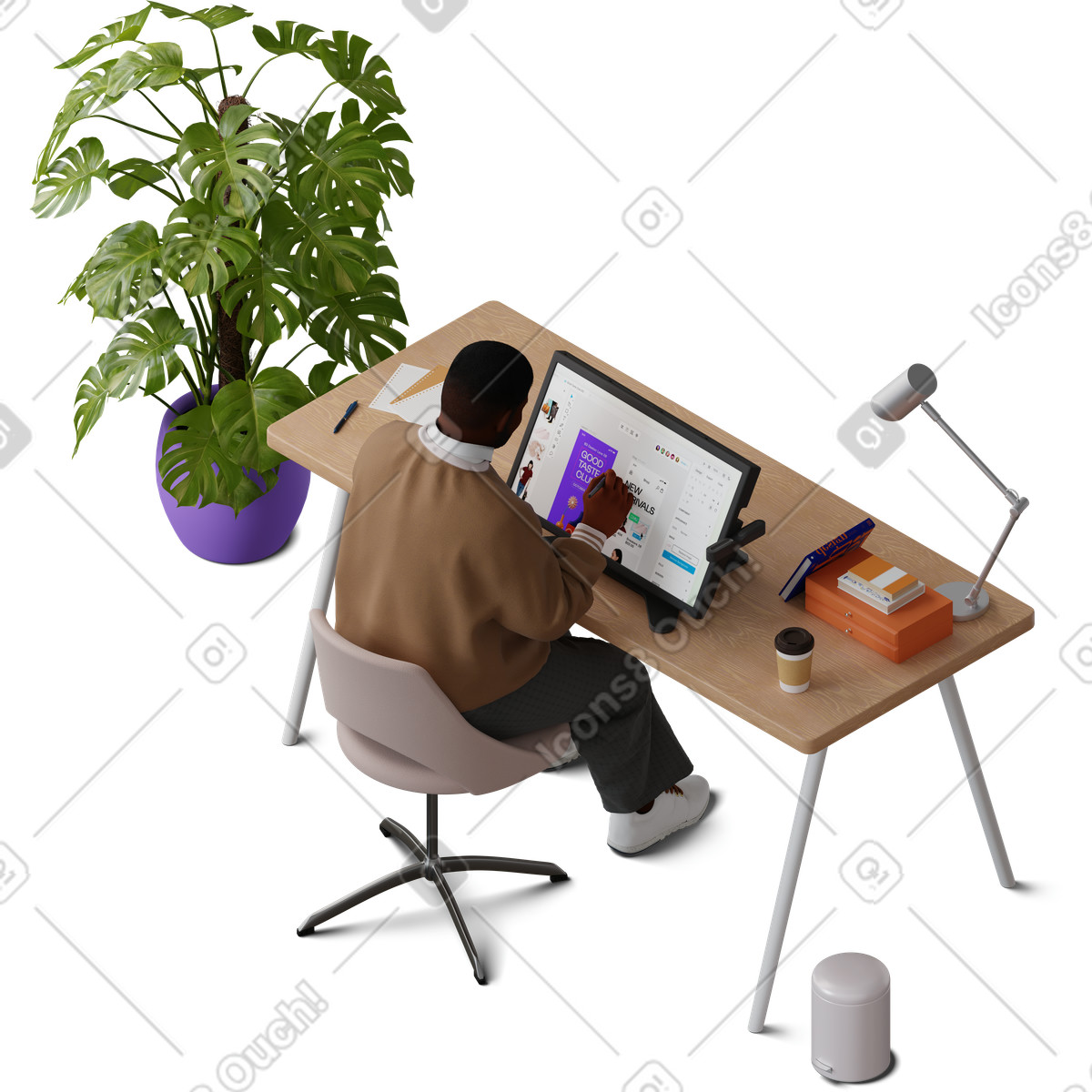 Illustration Isometric view of young man working on graphic tablet dans le style 3D Hygge à télécharger aux formats PNG, SVG