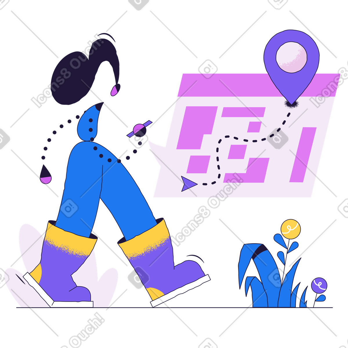 User following route on mobile phone, Travel directions or city exploration illustration in Conifer style download in PNG, SVG