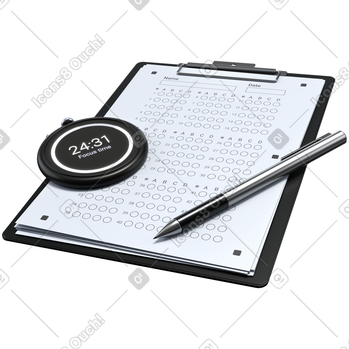 Standardized test form with timer and pen, exam time management concentration illustration in 3D Pro style download in PNG, SVG
