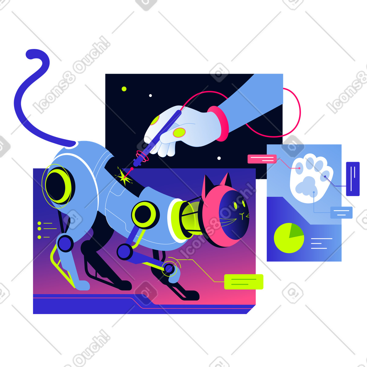 Mano umana che ripara un robot gatto accanto a diagramma di zampa illustrazione in stile Space scarica in PNG, SVG