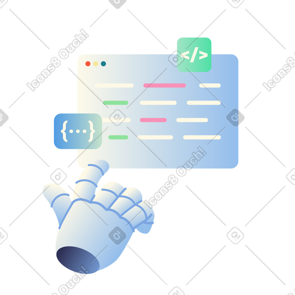 Robot hand interacting with code editor, AI assisted software development animated illustration in GIF, Lottie (JSON), AE
