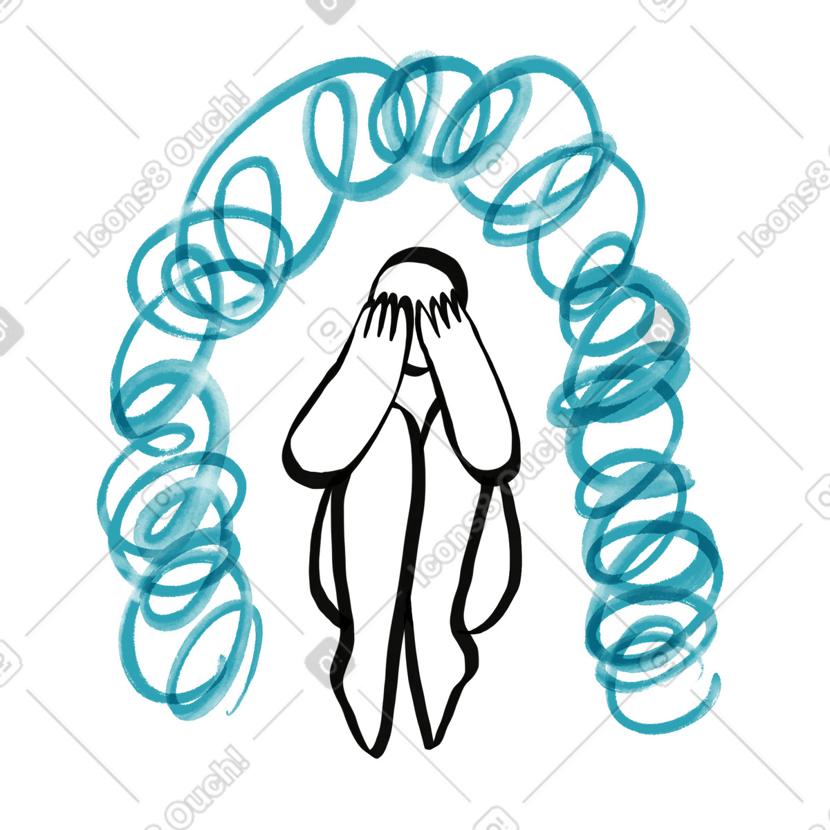 Anxiety figure covering face surrounded by turquoise swirling lines-Illustration im Watercolor sketch-Stil als Download in PNG, SVG