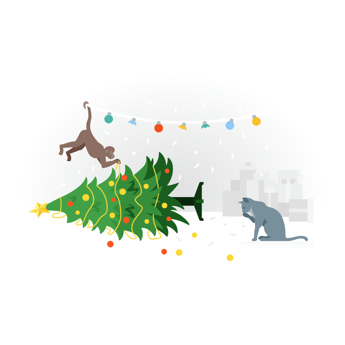 Monkey causing chaos with fallen Christmas tree, Holiday pet fun-Illustration im Fogg-Stil als Download in PNG, SVG