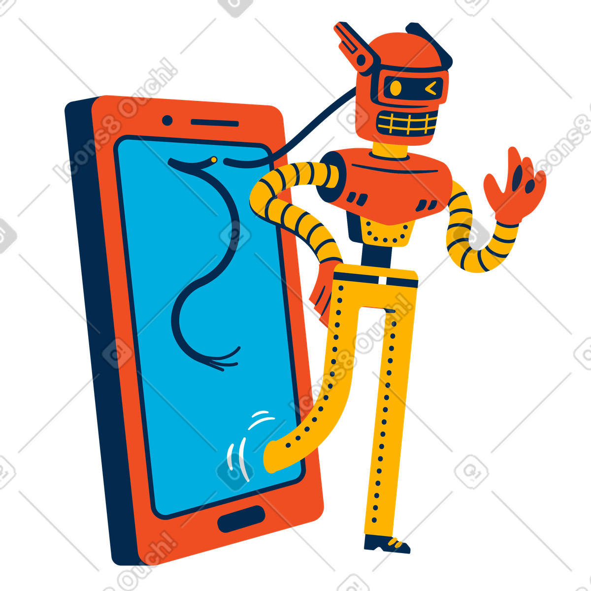 Android coming through smartphone screen illustration in PNG, SVG