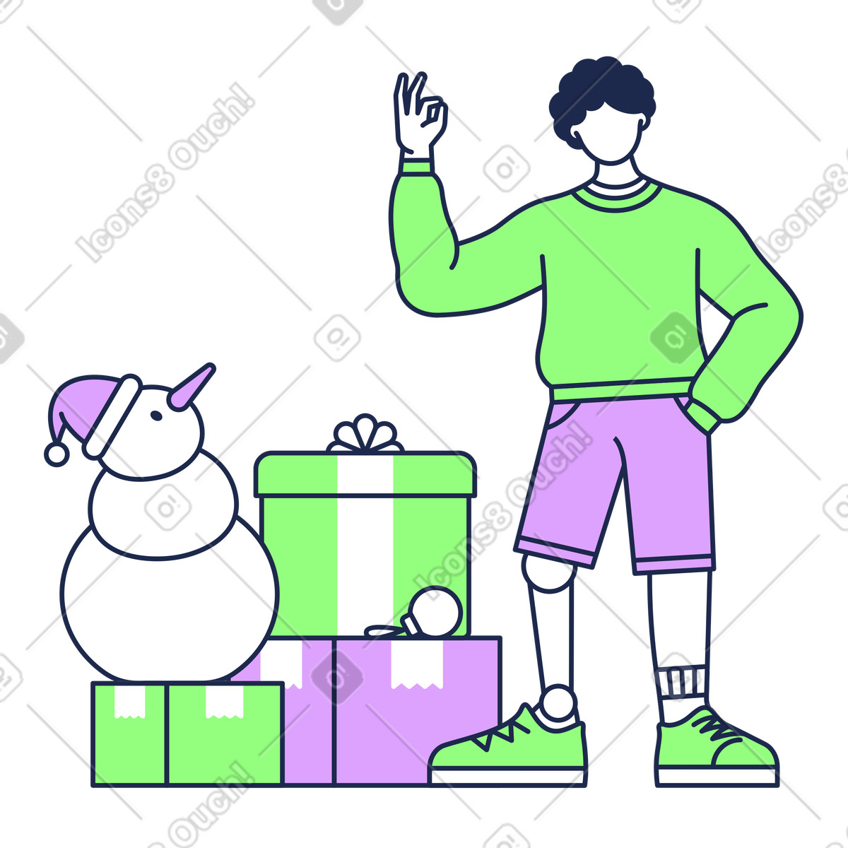 Illustration Ready for celebrating Christmas with presents and snowman, Winter festive mood dans le style Outline à télécharger aux formats PNG, SVG