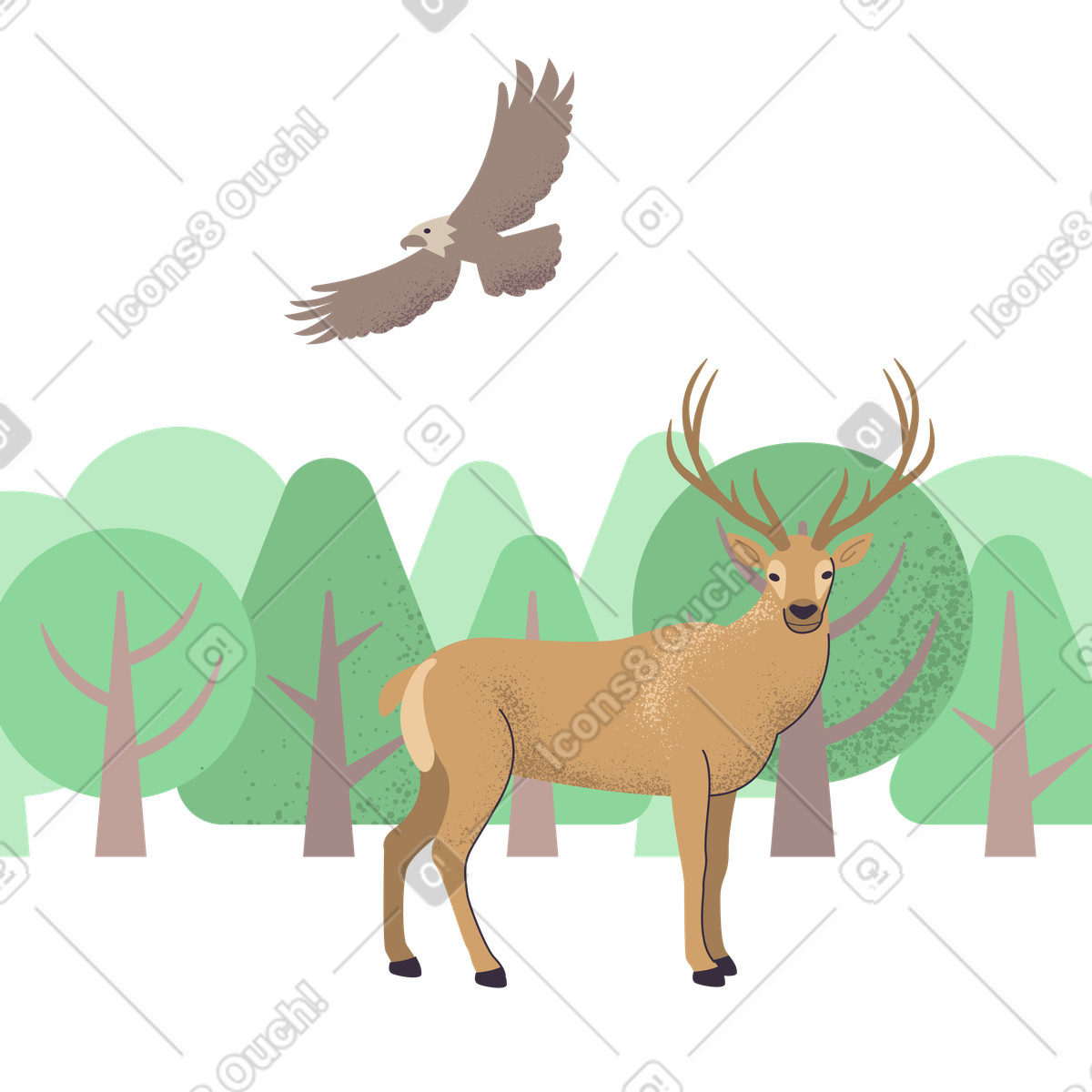 Forest wildlife depicted by eagle and deer illustration in Pale style download in PNG, SVG
