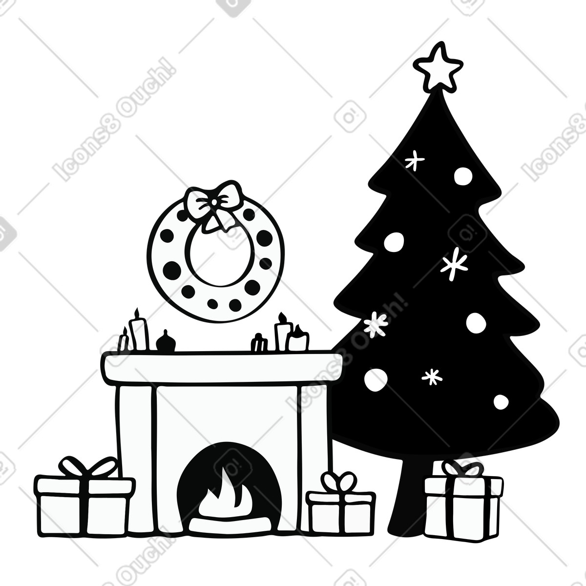 Illustration Cheminée avec cadeaux de noël et couronne près du sapin dans le style Journal à télécharger aux formats PNG, SVG