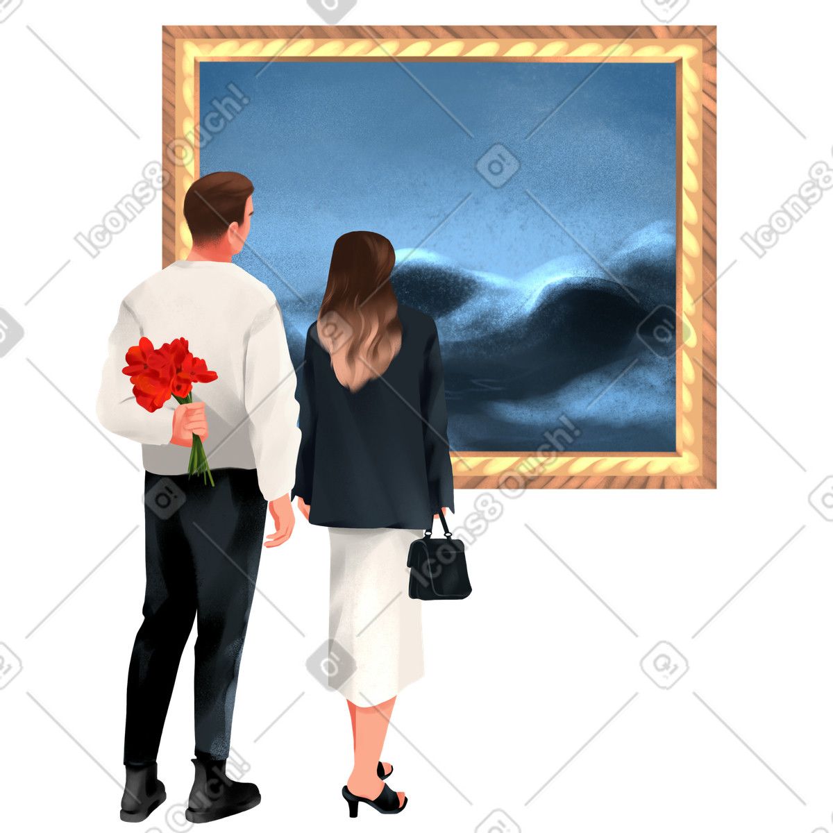 Girl and man looking at a painting illustrazione in stile Demure scarica in PNG, SVG