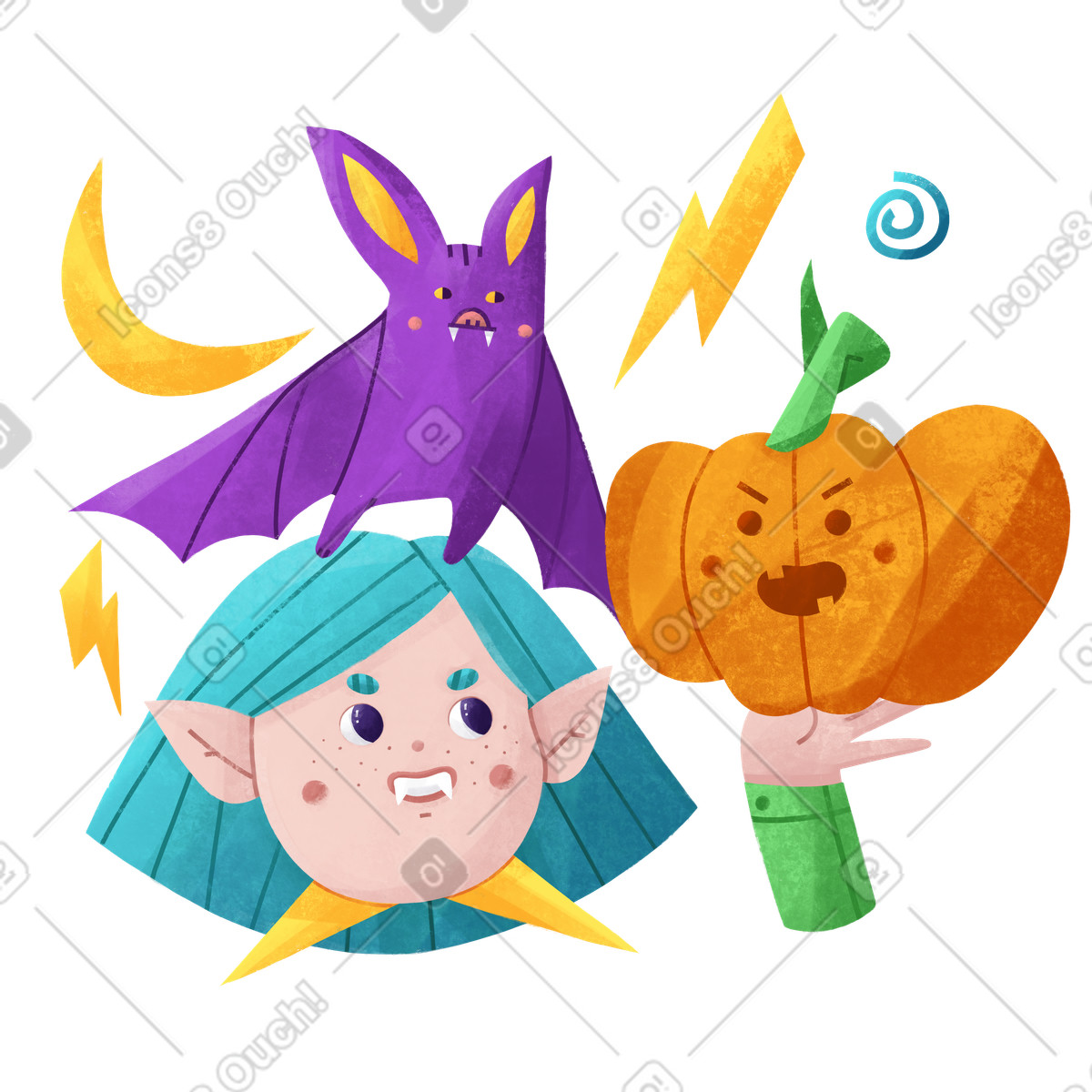 Ilustración Disfraz de murciélago, calabaza y vampiro como atributos halloween en estilo Bonbon a descargar en PNG SVG