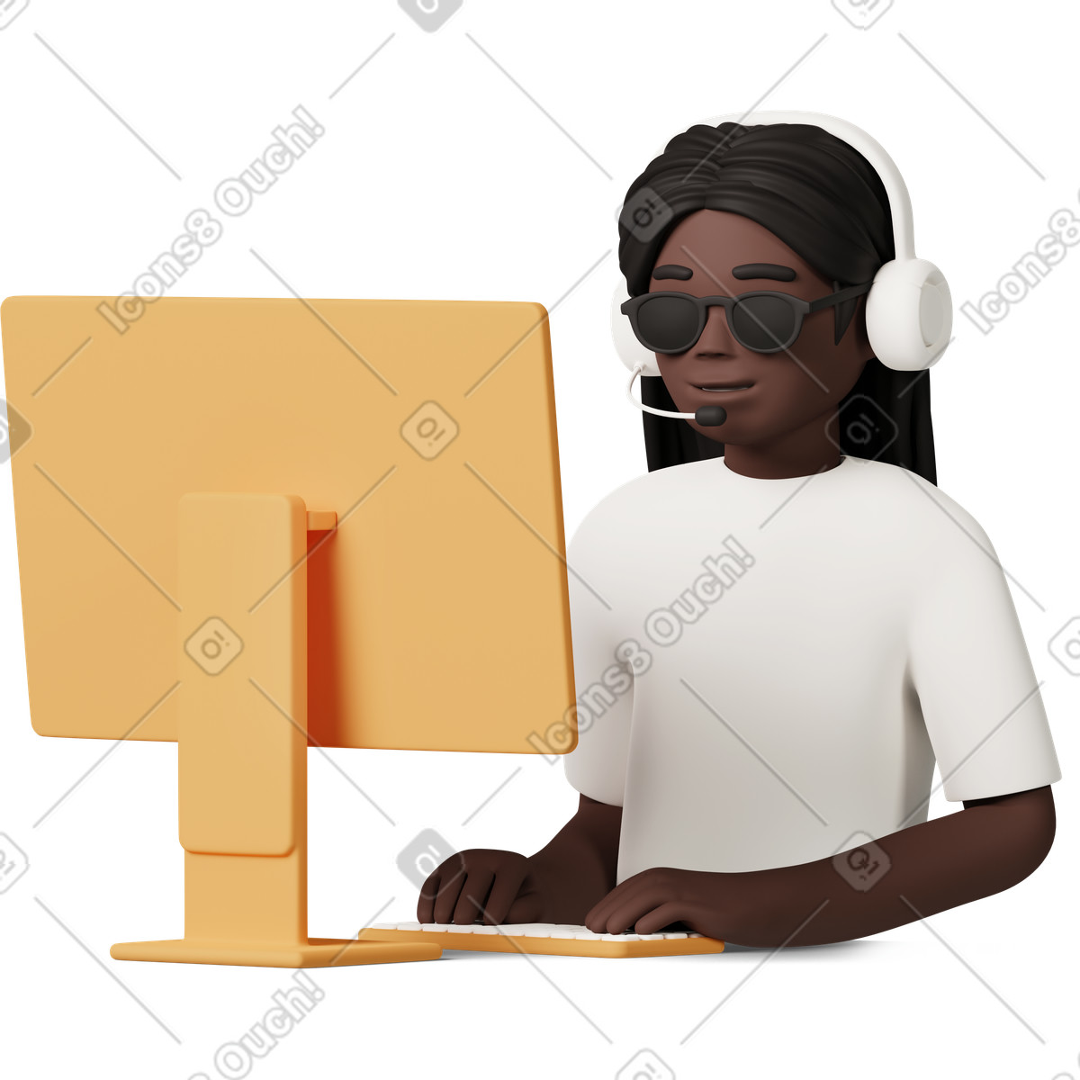 下载 3D Casual life 风格的 Blind girl sitting in headset front of computer 插画，支持 PNG、SVG 格式