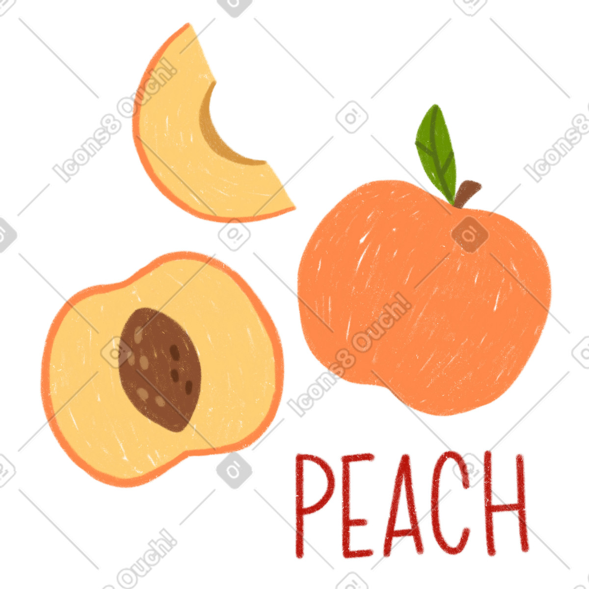 Ilustración Peach, half of a peach slice and lettering en estilo Cozy descargar en PNG y SVG