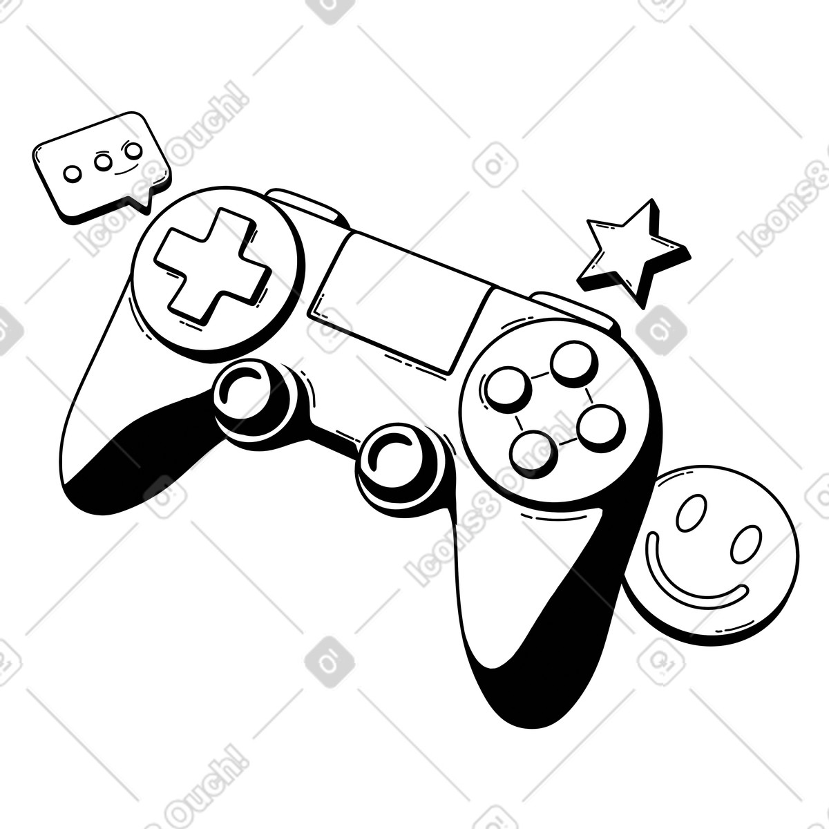 Illustration animée Manette de jeu avec smiley et bulle dialogue, expérience positive dans le style 3D Techny Line à télécharger aux formats GIF, Lottie (JSON), AE