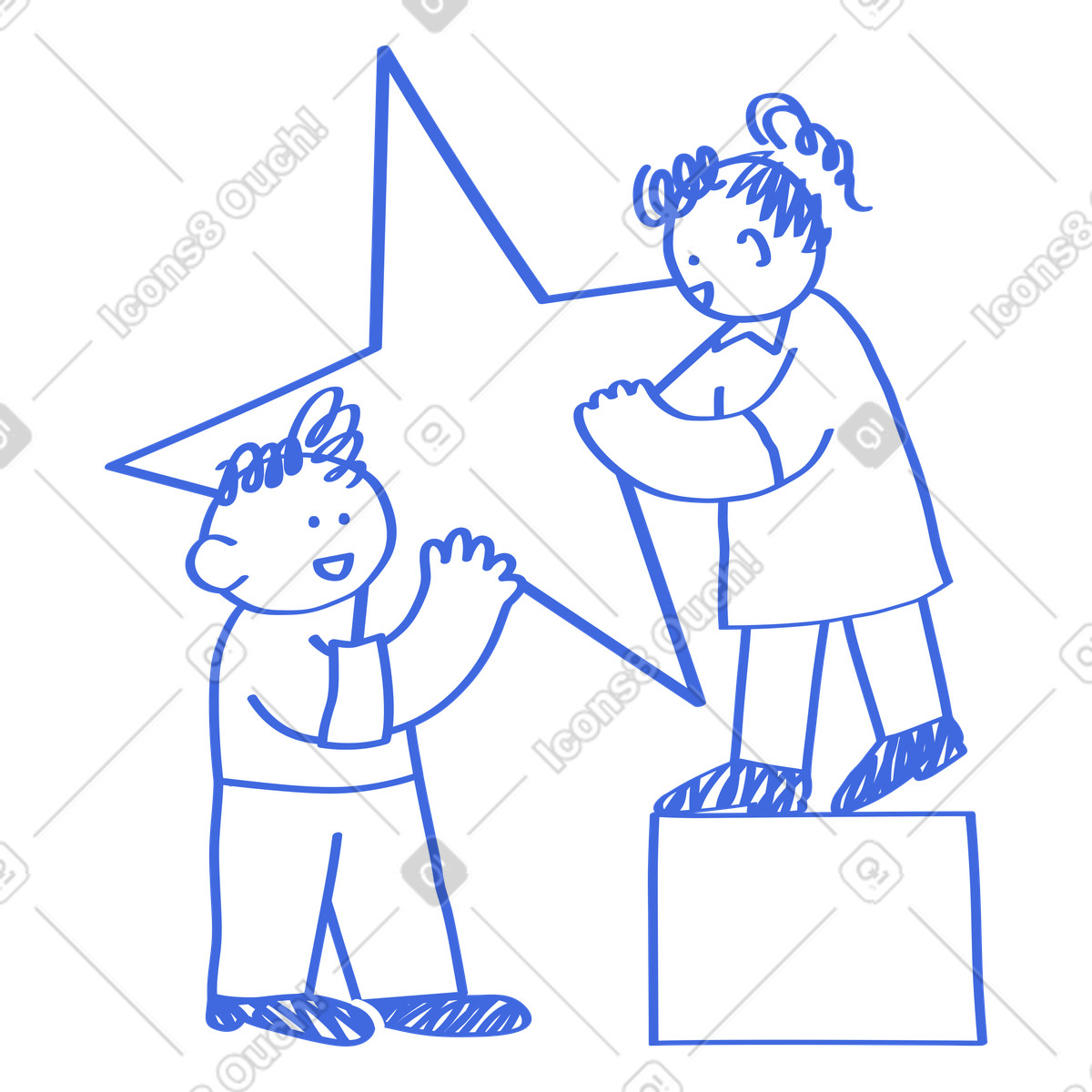Teamwork characters holding large star together celebrating shared achievement-Illustration im Ballpoint Pen-Stil als Download in PNG, SVG