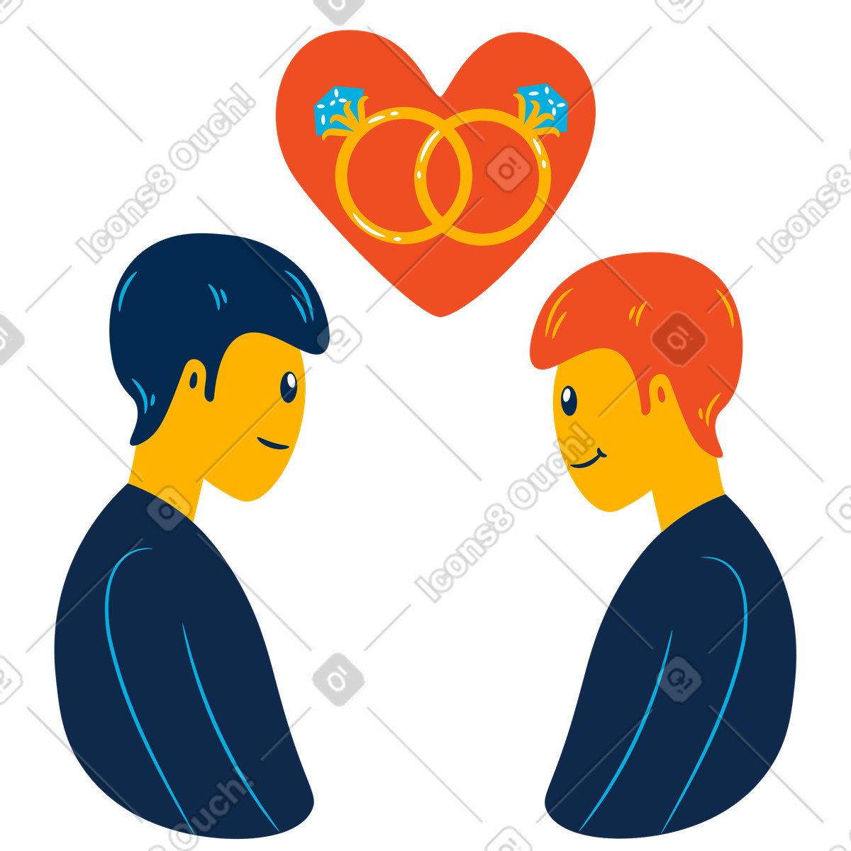 Ilustração de Happy gay couple with wedding rings, Love and same-sex marriage em no estilo Flame para baixar em PNG, SVG
