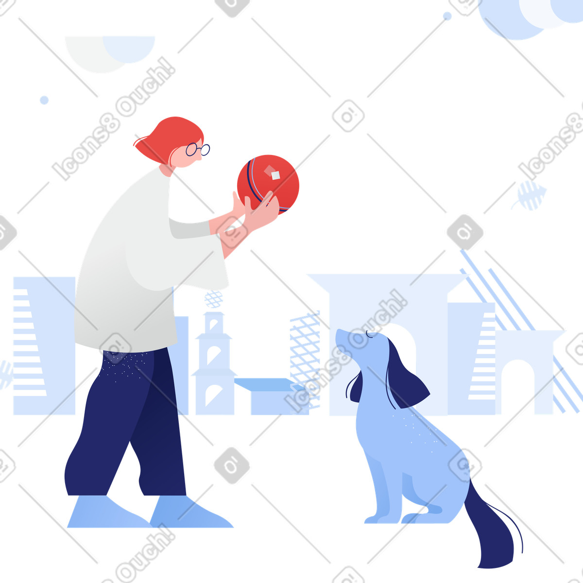 A woman playing ball with a dog illustration urban environment clipart in high-quality graphics