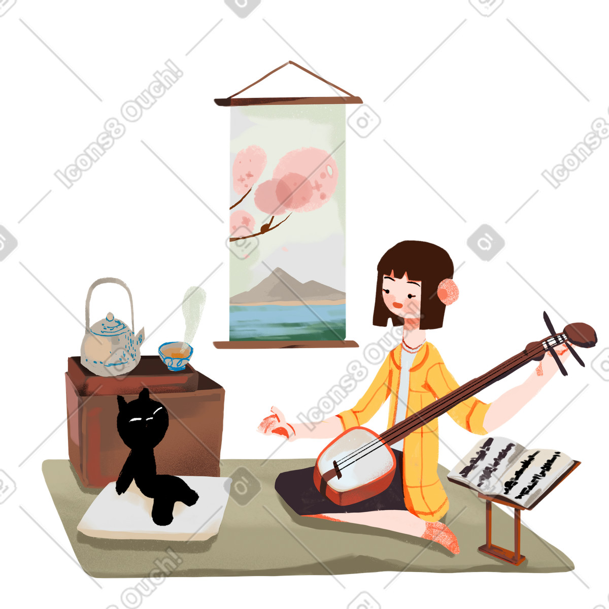 Girl at home playing a stringed musical-instrument illustration in Ikigai style download in PNG, SVG