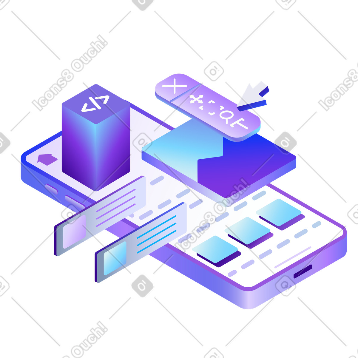 Mobile app development and user interface elements illustration in PNG, SVG