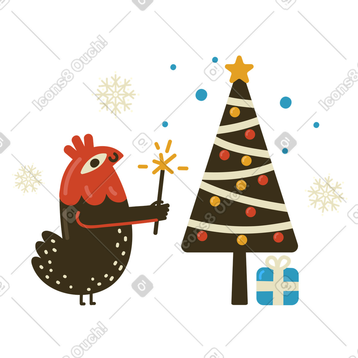 Ein funkelnder hahn schaut auf den weihnachtsbaum-Illustration im Arabica-Stil als Download in PNG, SVG