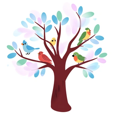 A colorful tree with bright, gradient pastel leaves stands tall in the center of the composition. Various bird species can be seen gathering on its branches. A small bluebird perches on a thin branch, while a yellow canary flutters nearby. A pair of red cardinals are perched closely together on a thicker branch. In the background, additional branches provide space for a green parakeet and an orange-bellied warbler. The tree trunk is sturdy and textured, contrasting with the vibrant colors of the leaves and birds. A light, whimsical breeze seems to flow through the scene, gently moving the branches.