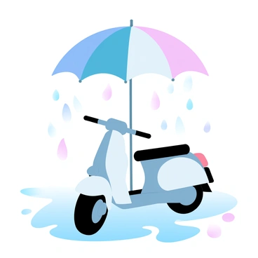 A white moped is parked under a large, colorful umbrella. The umbrella is open and tilted slightly to the side, providing shelter to the moped. Rain is falling steadily, creating a shimmering effect on the wet pavement. The street is lined with puddles that reflect the vibrant colors of the umbrella and the surrounding buildings. The scene conveys a cozy yet rainy atmosphere, with droplets accumulating on the moped's surface.