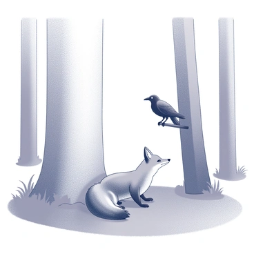 A fox is crouched low on the forest floor, partially concealed behind a large tree trunk. The fox has a bushy tail curled around its body and its ears perked up in curiosity. It peeks out, its eyes focused on a crow perched on a branch above. The crow is singing confidently, with its wings slightly spread as it lets out a melodic call. The surrounding forest is filled with tall trees and scattered underbrush, creating a natural habitat that enhances the sense of interaction between the fox and the crow.