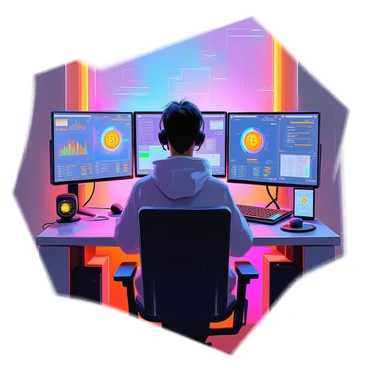 A person with medium skin tone and short black hair is intently focused on a sleek, high-tech computer setup in a futuristic environment. The room is dimly lit with glowing screens displaying complex graphs and numerous digital coin icons. The computer has multiple monitors arranged around the individual, showcasing real-time data and mining statistics. Surrounding the setup are advanced gadgets and neon lights, contributing to the modern ambiance of the space. The individual is wearing casual futuristic clothing, and their hands are poised on the keyboard, actively engaged in the process of mining digital coins.