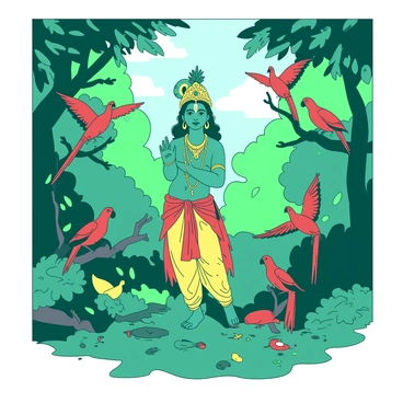 A teal figure of Krishna stands gracefully in the center of a vibrant forest. Krishna is adorned with intricate jewelry and a peacock feather in his crown. Surrounding him are several colorful parrots perched on branches, their feathers displaying shades of red and yellow. The forest is dense with green foliage, with sunlight filtering through the leaves above, casting playful shadows on the ground. Some parrots are in mid-flight, while others are playfully interacting with Krishna, creating a lively atmosphere.