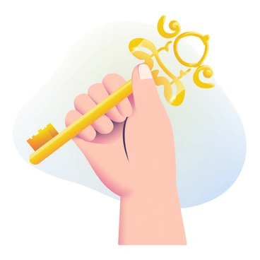 A hand with light skin is gripping a shiny golden key. The key has intricate designs and a large, ornate bow. The background consists of a soft gradient that transitions from light blue to pale yellow, enhancing the golden hue of the key. The fingers are elegantly positioned, showcasing the key's details. The overall composition emphasizes the key's importance as a symbol of access to valuable assets.