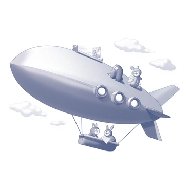 An airship with a large, rounded envelope is floating mid-air above a sea of fluffy clouds. The ship features a prominent gondola with several porthole windows, and it's tethered to a series of large, billowing sails. Onboard, a diverse crew of animals is engaged in various activities. A curious monkey peeks out of a window, while a wise owl is perched on the railing, gazing into the distance. A playful puppy is standing at the bow, its ears flapping in the wind, and a cheerful rabbit is sitting with a map spread out, seemingly planning their next adventure. The sky around the airship is clear, with a few wispy clouds trailing behind.