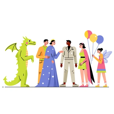 A group of guests at a costume party wearing a variety of fantastical outfits. One guest is dressed as a vibrant green dragon, complete with scaled wings and a detailed snout. Another guest wears a flowing gown resembling a starry night sky, with shimmering silver stars and a long, trailing cape. A third guest is adorned in a metallic suit that reflects light, giving the appearance of a robot. Nearby, a pair of friends are dressed as whimsical fairies, wearing bright multicolored dresses and delicate, translucent wings. Balloons and streamers in the background add to the festive atmosphere of the party.