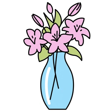 A crystal vase, clear and reflective, holding a bouquet of pink lilies. The lilies have large, delicate petals, showcasing their soft pink hues. The arrangement features several blooms, some fully opened and others in bud form, adding depth to the composition. Green leaves are interspersed among the flowers, providing contrast to the pink. The vase is placed on a simple surface, allowing the beauty of the flowers to be the focal point of the image.