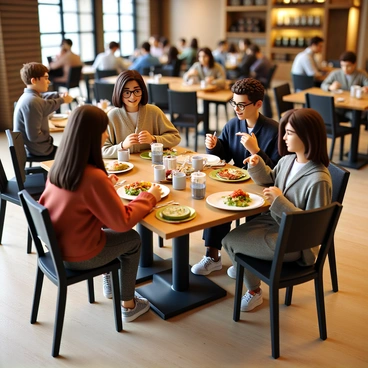 A group of four diners at a wooden restaurant table, engaged in completing feedback cards. The diners include two women with long hair and a man wearing glasses. The table is cluttered with plates of food, drinks, and condiments. One diner is holding a pen, focused on writing, while another is reading the card carefully. The atmosphere is lively with other tables in the background filled with customers enjoying their meals. The restaurant has warm lighting and a cozy, inviting decor.