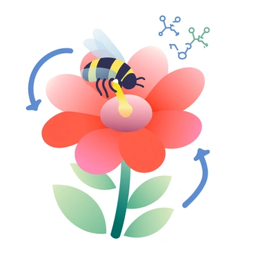 A bee with black and yellow stripes is perched on a vibrant red flower, clearly drawing nectar from its center. The bee's wings are translucent and glistening in the sunlight. Surrounding the bee and flower is a subtle visual representation of osmosis, depicted as arrows illustrating the flow of water molecules between the flower's roots and petals. The background includes soft green leaves that create contrast against the bright colors of the flower and bee, enhancing the focus on this interaction.