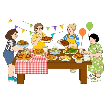 A group of four friends gathered around a large, wooden table filled with a variety of colorful homemade dishes. One friend with curly hair and glasses is placing a bowl of bright pasta salad onto the table. Another friend, wearing a striped shirt, is holding a plate of golden-brown roasted vegetables, while a third friend, with short hair and a bright apron, is slicing into a homemade pie, revealing its rich filling. The fourth friend, wearing a floral dress, is pouring a pitcher of lemonade into glasses. The table is decorated with a checkered tablecloth and small plates are scattered around, showcasing a lively and inviting atmosphere. There are also colorful decorations like balloons and streamers hanging in the background.