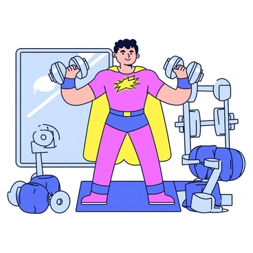 A superhero character with a muscular build is performing dumbbell flies. The character has a bright red and blue costume with a stylized emblem on the chest. They are in a gym, surrounded by various weights and training equipment. The superhero is lifting two shiny silver dumbbells with arms extended out to the sides. The expression on their face reflects concentration and determination. The floor is covered with gym mats, and there is a mirror in the background reflecting the superhero's form.